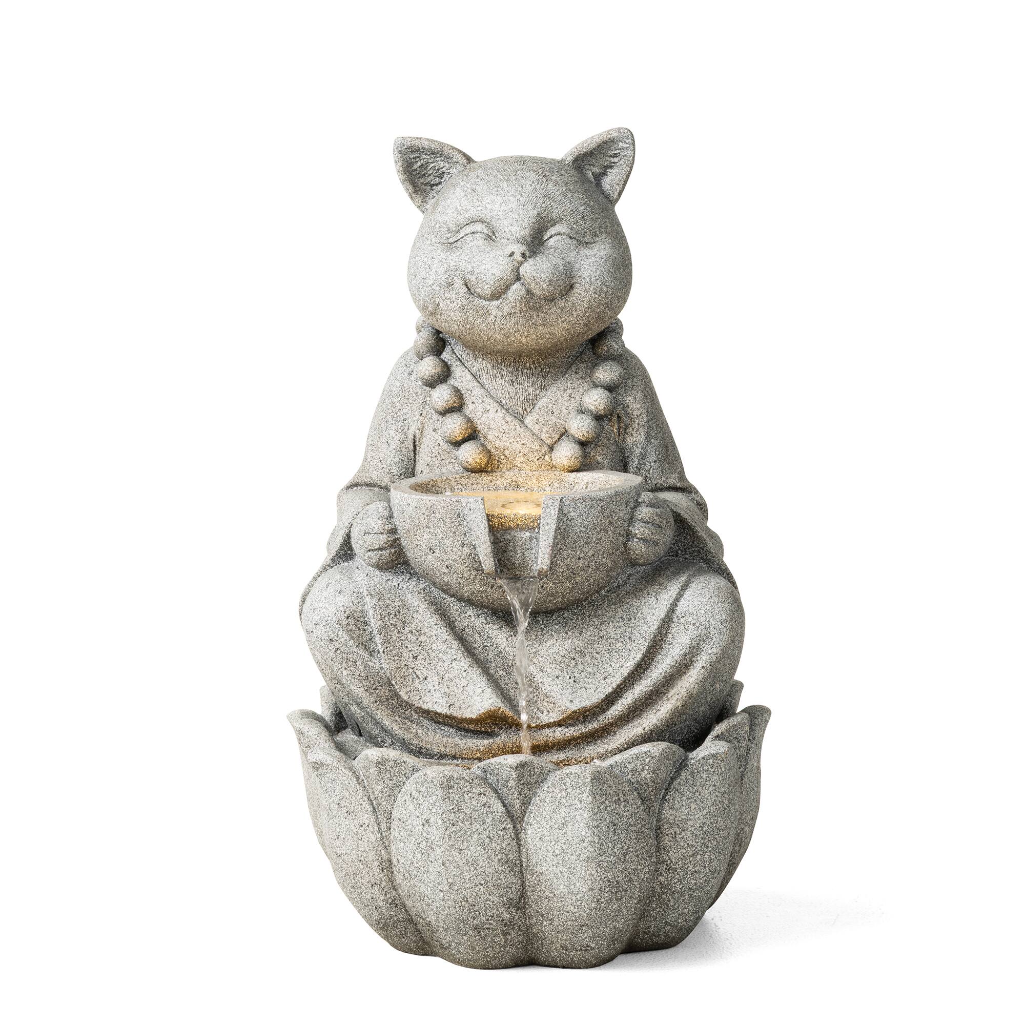 Glitzhome® 21.75" Zen-Style LED 2-Tier Concrete Cat Outdoor Fountain